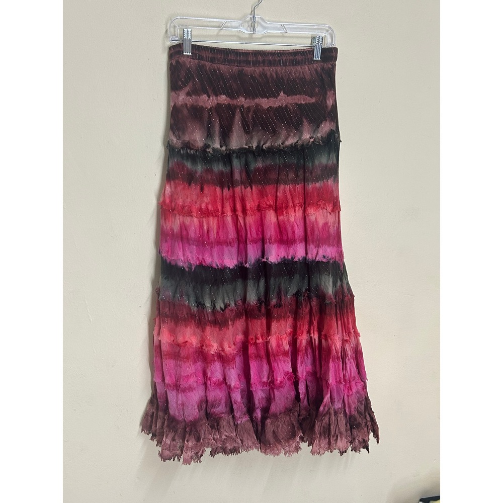 Kommotion NY Pink Tie Dye Tiered Maxi Skirt Cotton Metallic L Boho Ruffle